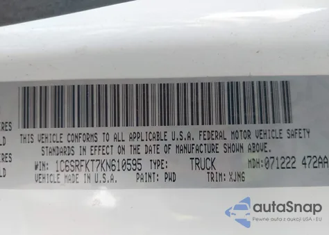 2019 Ram 1500 Longhorn 4X4 5'7 Box from USA, damaged, VIN 1C6SRFKT7KN610595